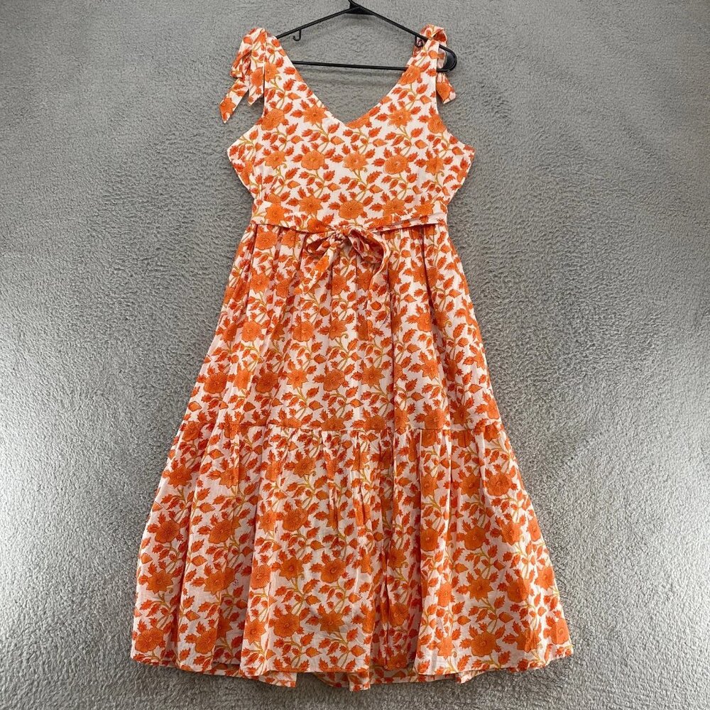Victoria Dunn Dress Womens Floral Fit Flare Tie Sleeves Tiered Orange - Picture 12 of 12